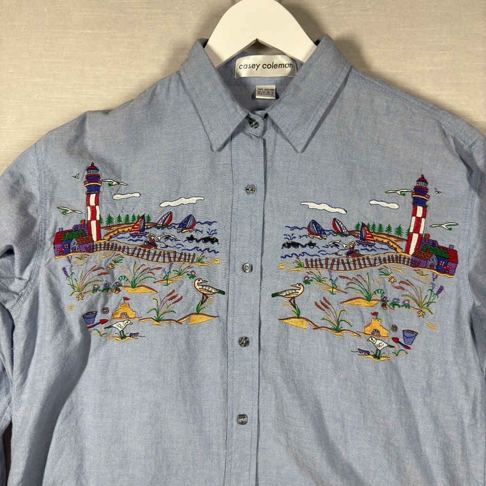 Casey Coleman Denim Top Womens XL Blue Beach Embroidered Lighthouse Sailboat - Picture 3 of 16